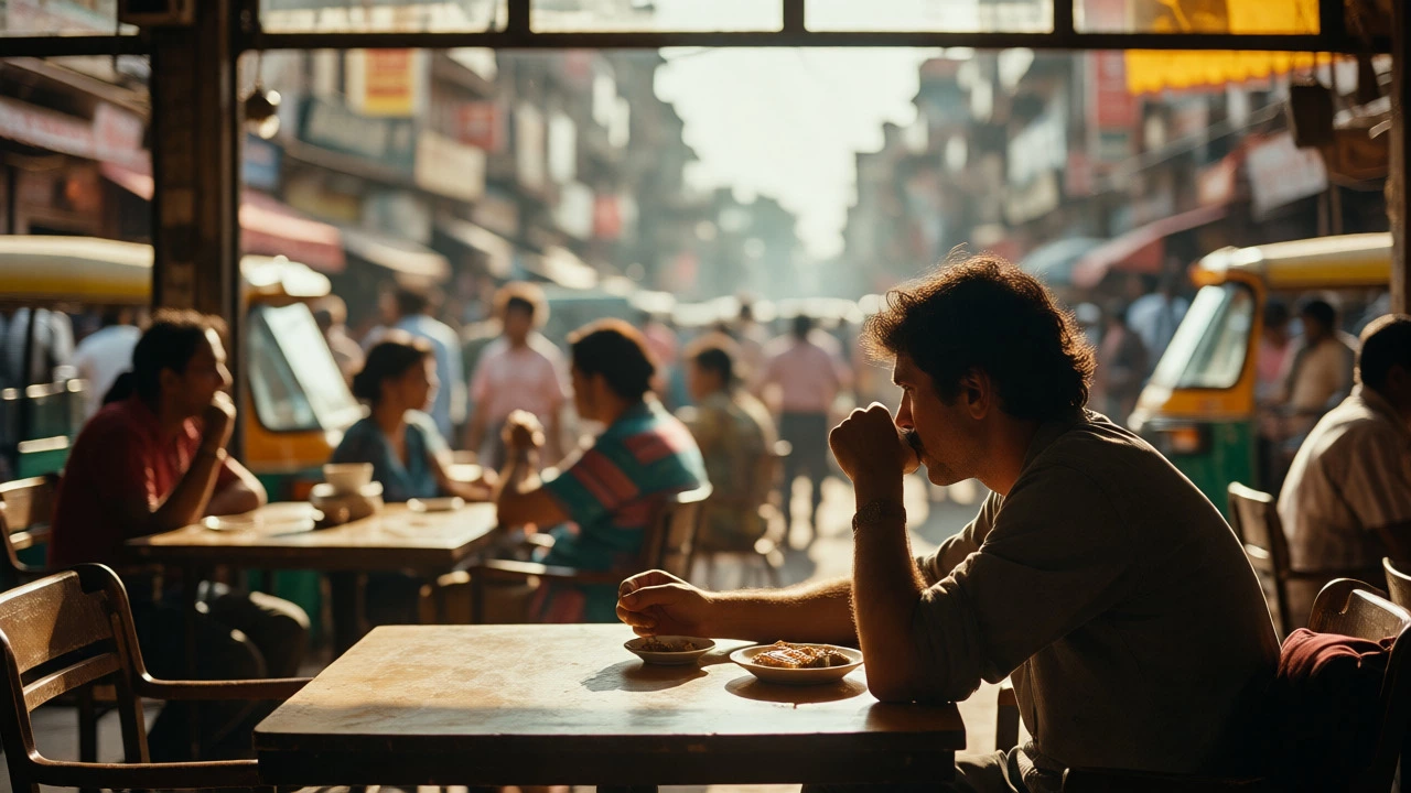 Traveler drinking coffee in Delhi cafe to fight jet lag