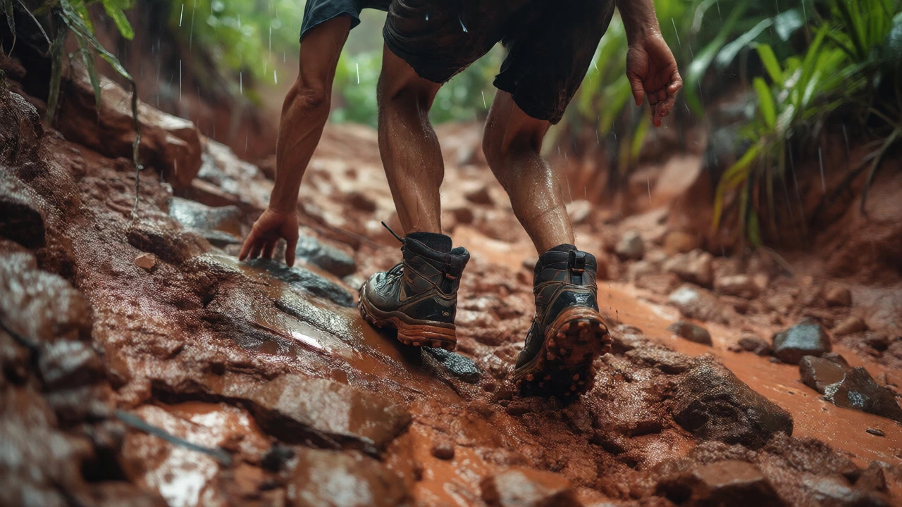 Trekker climbing muddy Western Ghats slope