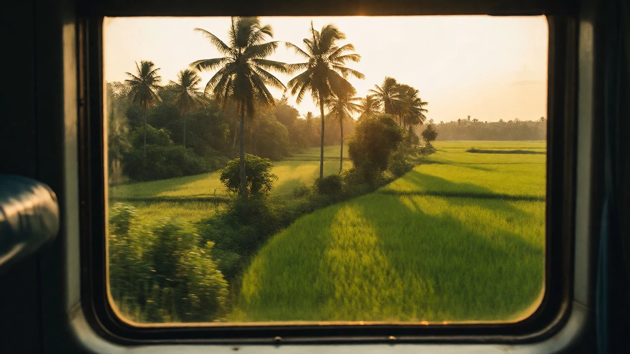 View from an Indian train window showing rural landscapes