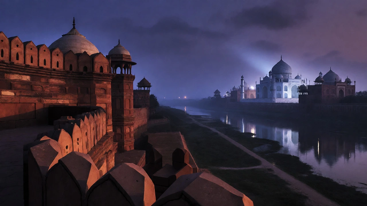 View of the glowing Taj Mahal from Agra Fort ramparts at twilight